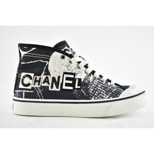 Chanel 20P Black White Fabric CC Logo Flat High Top Runner Trainer Sneaker 37